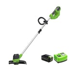 Greenworks cordless grass trimmer (Li-Ion 40V 30.5cm cutting width 7000rpm variable speed control rotatable and tiltable motor head aluminum handlebar flowerguard with 4Ah battery & charger)