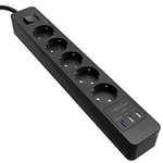 KabelDirekt – Bloc multiprise avec 5 Prises (USB, Quick Charge 3.0, Charge Jusqu’à 3× Plus Rapide Selon l’Appareil, Protection parafoudre/surtension, testé par TÜV, Noir)