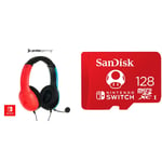 PDP Gaming LVL40 Stereo Headset with Mic for Nintendo Switch, 3.5 mm Jack - neon blue-red & SanDisk microSDXC UHS-I card for Nintendo 128GB - Nintendo licensed Product, Red