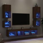 Tv-møbel til væg 8 dele med LED-lys konstrueret træ brunt eg