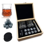 Whiskey Stones Glass Gift Set - 2 Classic Whiskey Glasses, 8 Premium Chilling Whisky Rocks, 2 Coasters, Luxury Wooden Box, Ideal for Scotch, Bourbon Drinks,Great Gift for Men, Dad…