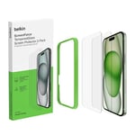 Belkin ScreenForce TemperedGlass Screen Protector for iPhone 15 Plus, Crystal Clear, Scratch-Resistant, Full Screen Coverage, Easy Align Frame for Bubble Free Application, 2-Pack- Amazon Exclusive
