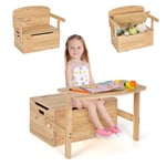 COSTWAY 3 en 1 Table Enfant en Bois avec Chaise, Banc Coffre à Jouets avec Couvercle & Poignée Découpée, Table d'Activités Convertible pour Tout-Petits de 3-7 Ans, Charge10/30kg, 60X57X44CM