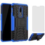 Phone Case for Oneplus 6 with Tempered Glass Screen Protector and Stand Kickstand Hard Rugged Hybrid Accessories Heavy Duty Shockproof Oneplus6 A6000 A6003 One Plus6 1 Plus 1plus Six Cases Blue