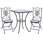 Tidyard 3 Piece Mosaic Bistro Set | Ceramic Tile Design Table and Folding Chairs | Garden Bar Table Set Blue and White