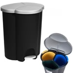 Sorting Waste Bin 40L 2x 17L + 6L Pedal Lidded 3 Internal Chambers Recycling UK