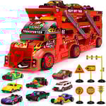 Camion de Transport Voiture Enfant avec Petite Voiture, Panneaux Route, Cadeau Camion Jouet pour 3 4 5 Ans Garcon (Rouge)