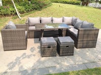 9 Seater Grey Rattan Corner Sofa Set Dining Table Armchair Foot Rest Garden Furniture Outdoor