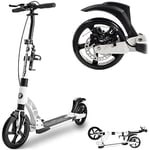 HyperMotion Kick Scooter for Teens and Adults, Cupholder, Foldable, Disc Brake, Anti-Slip Deck, ABEC 7, Adjusted Handlebar from 94 to 104 cm, Max. load up to 100 kg, White