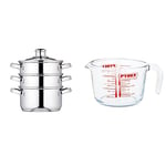 KitchenCraft 3 Food Steamer Pan/Stock Pot, Food Steamer 3 Tier, Induction Safe, Stainless Steel, in Gift Box, 16 cm (6''), Silver & Pyrex Glass Measuring Jug, Transparent, 1 Litre