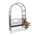 Relaxdays 10020032 Arche à rosiers avec banc colonne de jardin Arceau de plantes grimpantes obélisque pour roses avec assise pour 2 personnes-H x l x P: 203 x 114,5 x 59 cm- noir
