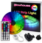 Premium LED Strip Lights Bluetooth - New 2022 Model Glowhouse UK - 5 Metre RGB Colour Changing with Remote and App Control. Super Bright SMD 5050 LED Full Kit - Music Sync - Easy Installation