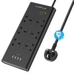 Surge Protected Extension Lead 3M, AUOPLUS 6 Way Power Strip with 4 USB Slots(3250W/13A), Multiple Plug Extension Socket with 3 Metre Long Cable, Wall Mountable Extension Cord for Home Office