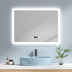 EMKE Miroir de Salle de Bain avec éclairage - LED - 80 x 60 cm - avec 3 Couleurs de lumière : Blanc Froid, Neutre et Blanc Chaud - avec éclairage avec Interrupteur Tactile, Anti-buée, Horloge IP44