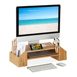 Relaxdays Support d'écran en Bambou, 4 tiroirs, réhausseur d'écran d'ordinateur/Laptop, HxLxP : 16x57,5x25 cm, Naturel