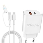 Adapter 30W USB-C & USB-A & 2 i 1 Lightning eller USB-C 2m HVID til iPhone • Samsung • Huawei • Android SWEKO