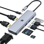 Hub USB C, Adaptateur USB C, Tiergrade 9 en 1 Triple Display Collage Display Type C Adaptateur avec 2 4K HDMI, VGA, PD 3.0, USB 3.0 et Lecteur de Cartes TF/SD pour MacBook et PC Portables de Type C.