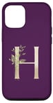 Coque pour iPhone 12/12 Pro Lettre H élégante feuille d'or monogramme couleur prune avec verdure