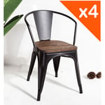 Lot de 4 chaises en métal Noir et Bois foncé Style Industriel Factory en métal Noir Mat, Assise en Bois foncé et accoudoirs - Noir - Kosmi