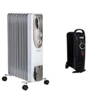 Russell Hobbs 2000W/2KW Oil Filled Radiator, 9 Fin Portable Electric Heater - White & 650W Oil Filled Radiator, 5 Fin Portable Electric Heater - Black