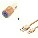 Pack Chargeur Voiture Pour Iphone 11 Pro Lightning (Cable Metal Nylon + Double Adaptateur Prise Allume Cigare) Apple - Or