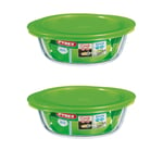 Pyrex Microwave Safe Classic Round Glass Dish with Vented Lid 2.3Litre Green (Pack of 2)