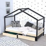 Lit cabane enfant 90 x 190 cm + 2 tiroirs + sommier WOOD  