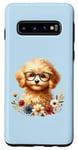 Coque pour Galaxy S10 Chiot Doodle Adorable bleu avec fleurs et lunettes