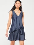 Armani Exchange Chambray Cotton Denim Mix Tiered Mini Dress - Indigo Blue, Blue, Size 16, Women
