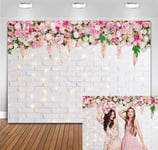 BINQOO 7x5FT Flower Wall Backdrop Glitter White Brick Wall Flowers Photography Background Valentine Mother's Day Wedding Bridal Baby Shower Birthday Party Spring Theme Decor Photo Booth Prop