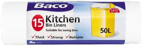 Baco Home Kitchen Bin Liners For Swing Bins with DRAWTIGHT Pack of 15 Bags 50L