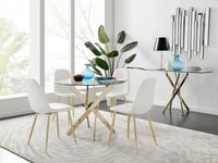 Novara 100cm Round Tempered Glass Dining Table with Gold Legs & 4 Corona Faux Leather Chairs