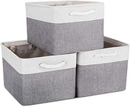 Mangata Large Storage Box set of 3, Canvas Fabric Storage Baskets with Handles for Cupboards, Wardrobe, Shelves, Bathroom, Clothes, Toys, Towel (Foldable, Grey White)