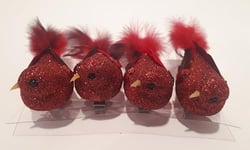 4 Oiseaux à Paillettes Rouges avec Clip 5 cm