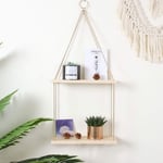 Wood Floating Shelf, 2 Tier Plant Storage Wooden Hanging Swing String Shelf with Rope Picture Photo Organizer Rack for Bedroom Living Room Bathroom (Original Wood,2 Tier)