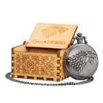 Wooden Music Box & Pocket Watch Set Hand-crank Antique Carved Music Box Wedding Home Decoration Crafts for Children Birthday Gifts (Game of Thrones)