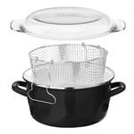 Black Enamel Glass Pyrex Lid Steel Deep Fryer Chips Frying Fry Pan Pot Basket