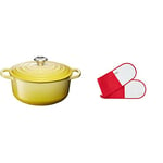 Le Creuset Signature Enamelled Cast Iron Round Casserole Dish With Lid, 20 cm, 2.4 Litres, Soleil, 211772040 + Le Creuset 4-Layered Textile Double Oven Gloves, Stain Resistant, Red