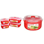 Sistema Heat and Eat Microwave Set | 4 Rectangular Food Containers with Lids (2x 1.25L + 2x 525ml) & Microwave Round Bowl | Microwave Food Container | 915 ml | BPA-Free | Red/Clear