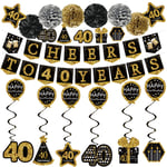 40th Birthday Decorations for Men - (21pack) Cheers to 40 Years Black Gold Glitter Banner for Women, 6 Paper Poms, 6 Hanging Swirl, 7 Decorations Stickers. 40 Years Old Party Supplies Gifts for Men