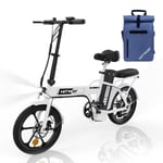 HITWAY hopfällbar elcykel 16" elcykel vit, assisterade cyklar, 36V-8,4Ah batteri, Assisterad trampning+HITWAY blå väska