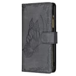 Multifunctional Leather Wallet Pouch for Xiaomi POCO M3 Pro/Redmi Note 10 5G Phone, Anti-Drop Protective Case with Zip Fastening, Free Butterfly Design Black