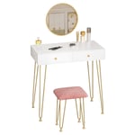 Rootz Elegant Sminkbordsset - Sminkbord - Sminkstation - Avtagbar rund spegel - Gott om förvaring - Hållbar konstruktion - Vitt och guld - 80 cm x 40