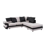 Panana 4 Seater Sofa L Shaped Corner Group Sofa Fabric and Leather Upholstered Sofa Settee Left or Right Chaise Couch with Footstool for Living Room (Grey and Black)