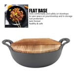 Uncoated Cast Iron Wok With 2 Handle Wooden Lid Flat Base Frying Pan 20cm/7.9in