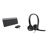 Logitech MK470 Slim Wireless Keyboard & Mouse Combo - Black & H390 Wired Headset for PC/Laptop, Stereo Headphones with Noise Cancelling Microphone, USB-A, In-Line Controls - Black