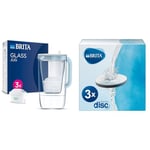BRITA Glass Water Filter Jug Starter Pack-Light Blue (2.5 Litre) & MicroDisc replacement filter discs for Fill&Go and Filter Bottles, reduce chlorine, microparticles and other impurities - 3 pack