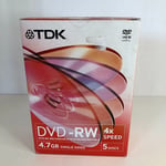 5 pack TDK DVD-RW 4.7 GB Data Video 4x speed blank rerecordable discs New Sealed