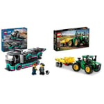 LEGO City Race Car and Car Carrier Truck Toy, Vehicle and Transporter Building Set & Technic John Deere 9620R 4WD Tractor Toy with Trailer, Farm Toys