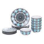 VEWEET, Series Audrie, 18-Piece Dinner Set Retro Style Beautiful Blue and White Porcelain Combination Set with 10.75" Dinner Plate, 7.5" Dessert Plate, 5.5" Cereal Bowl, Bohemian Style, Service for 6